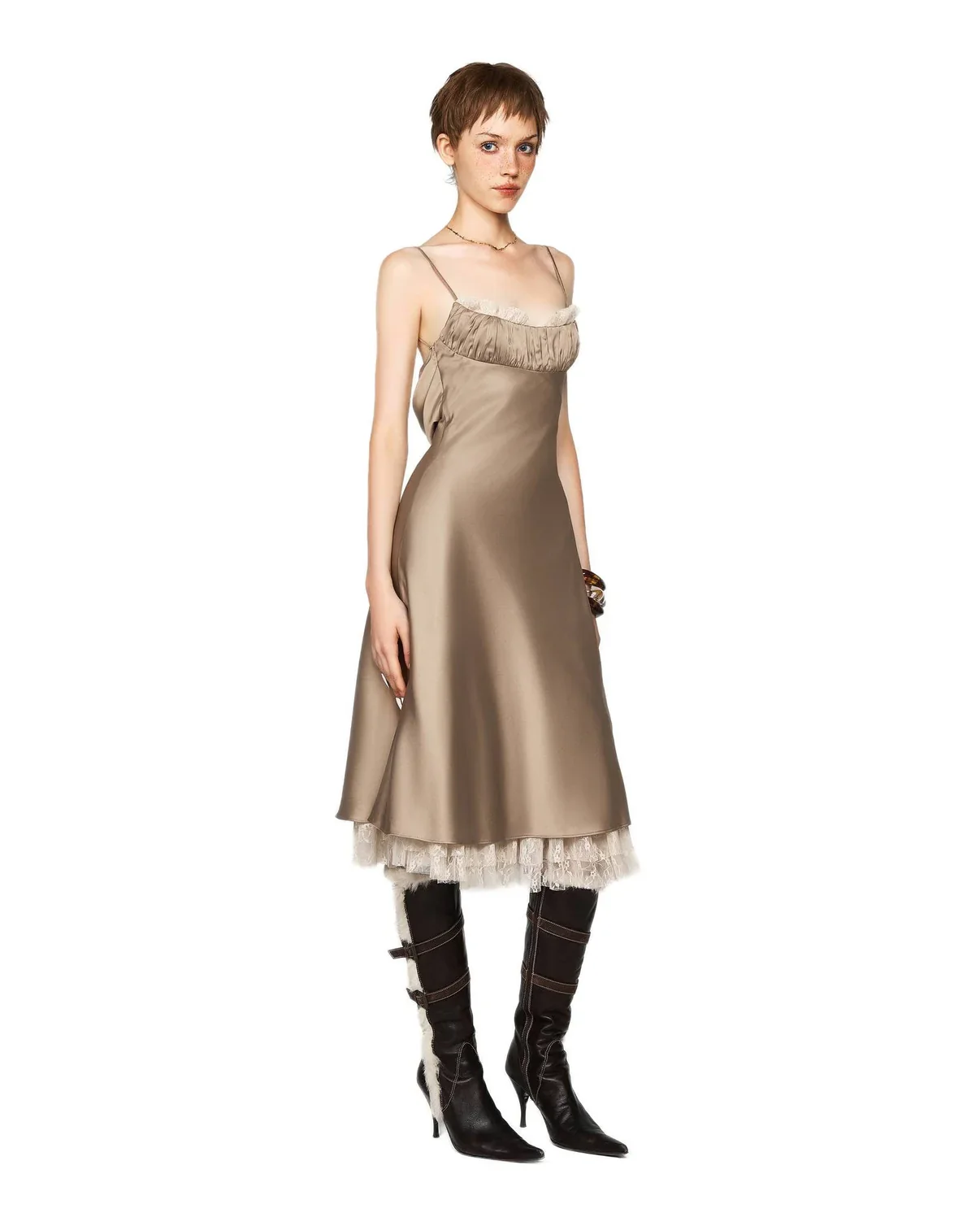 LSOUL BROWN& NUDE SATIN ACETATE MIDI DRESS - Image 2