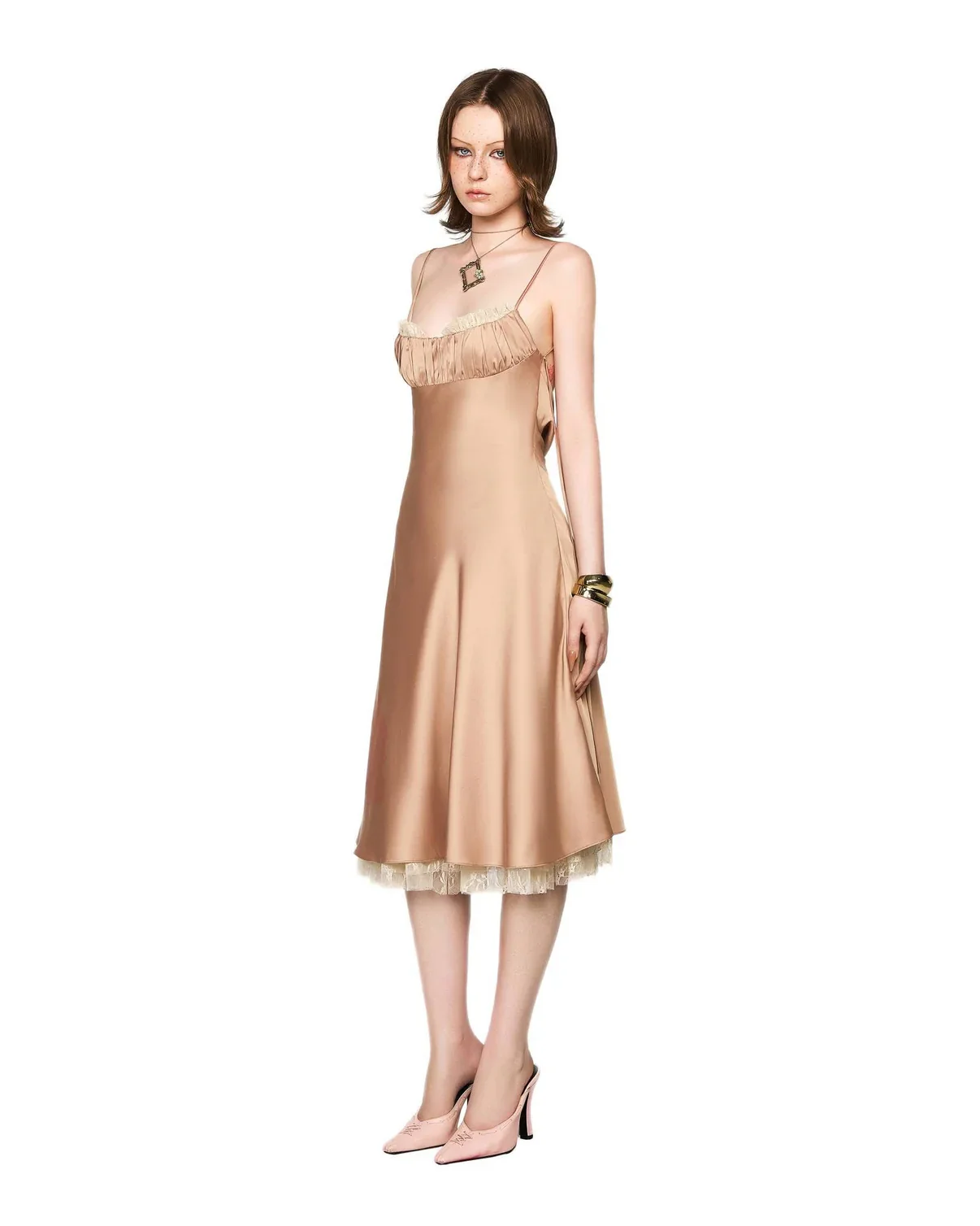 LSOUL BROWN& NUDE SATIN ACETATE MIDI DRESS - Image 5