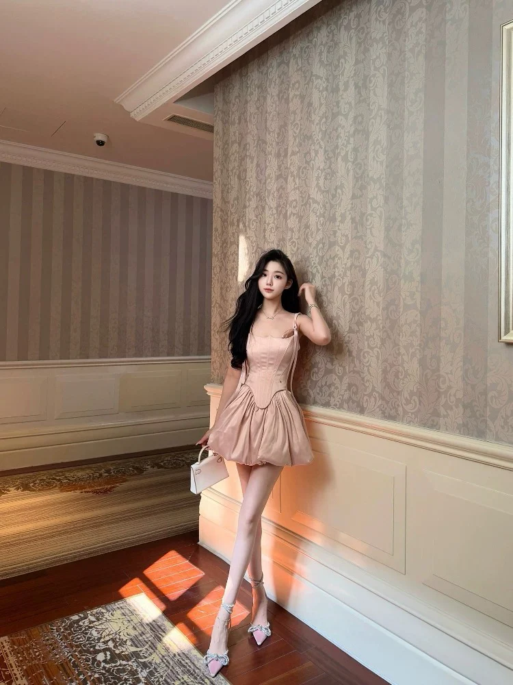 Amari Corset-Waist Tulip Hem Bubble Dress – Dusty Rose Pink - Image 3