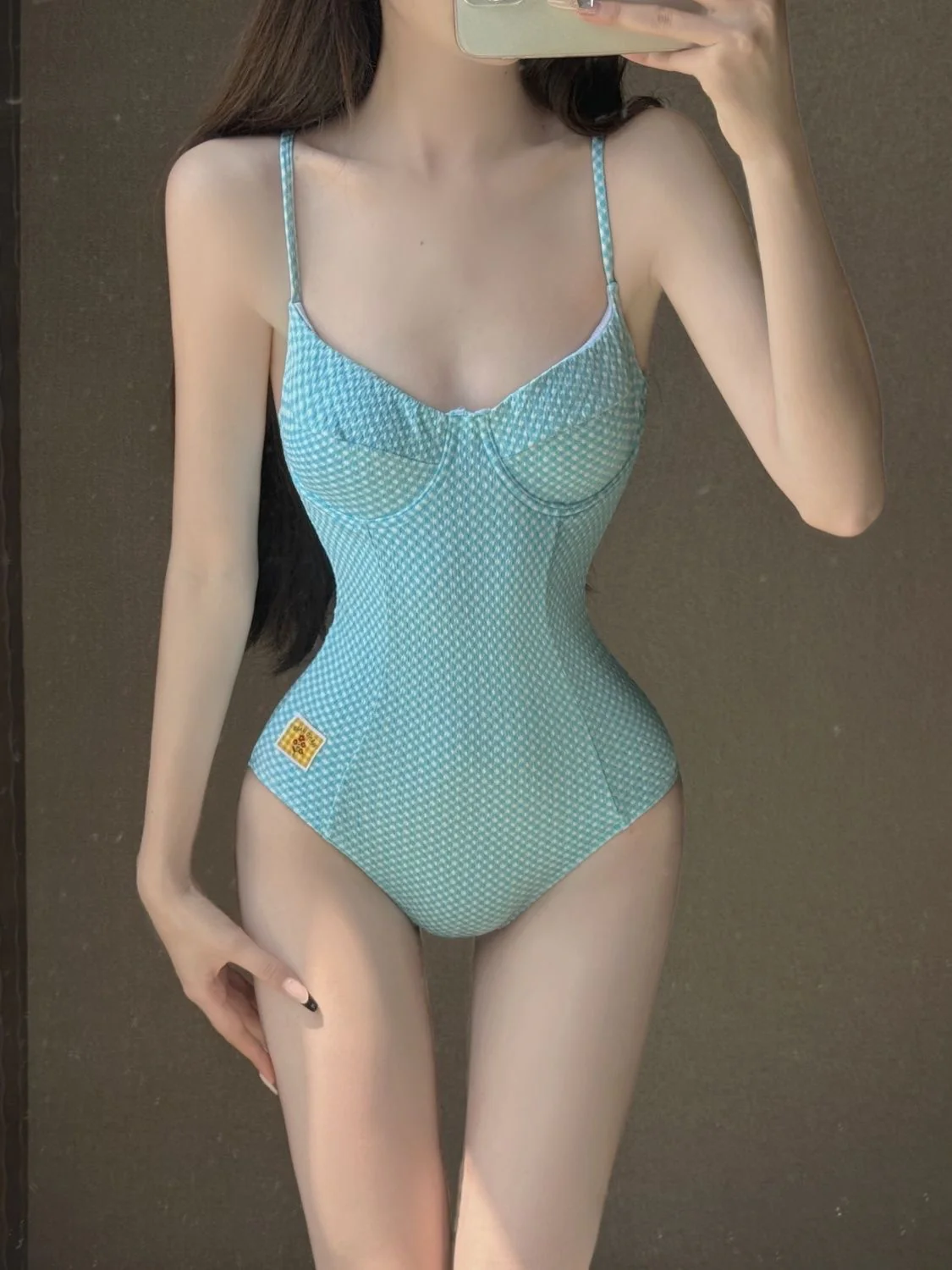 Aqua Gingham One-Piece Swimsuit With Skirt And Cover-up - Image 3