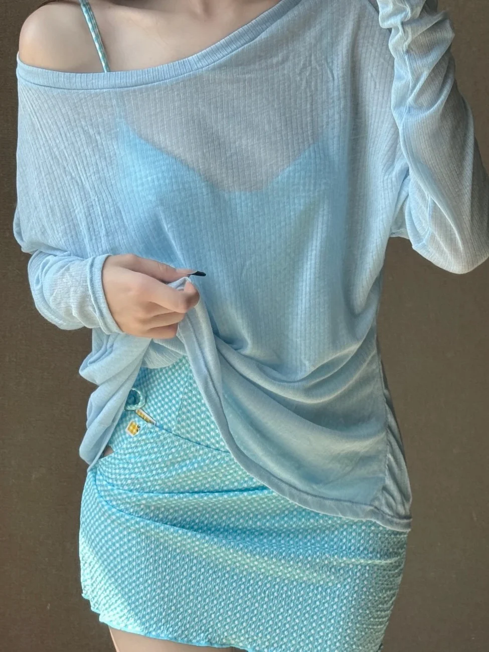 Aqua Gingham One-Piece Swimsuit With Skirt And Cover-up - Image 6