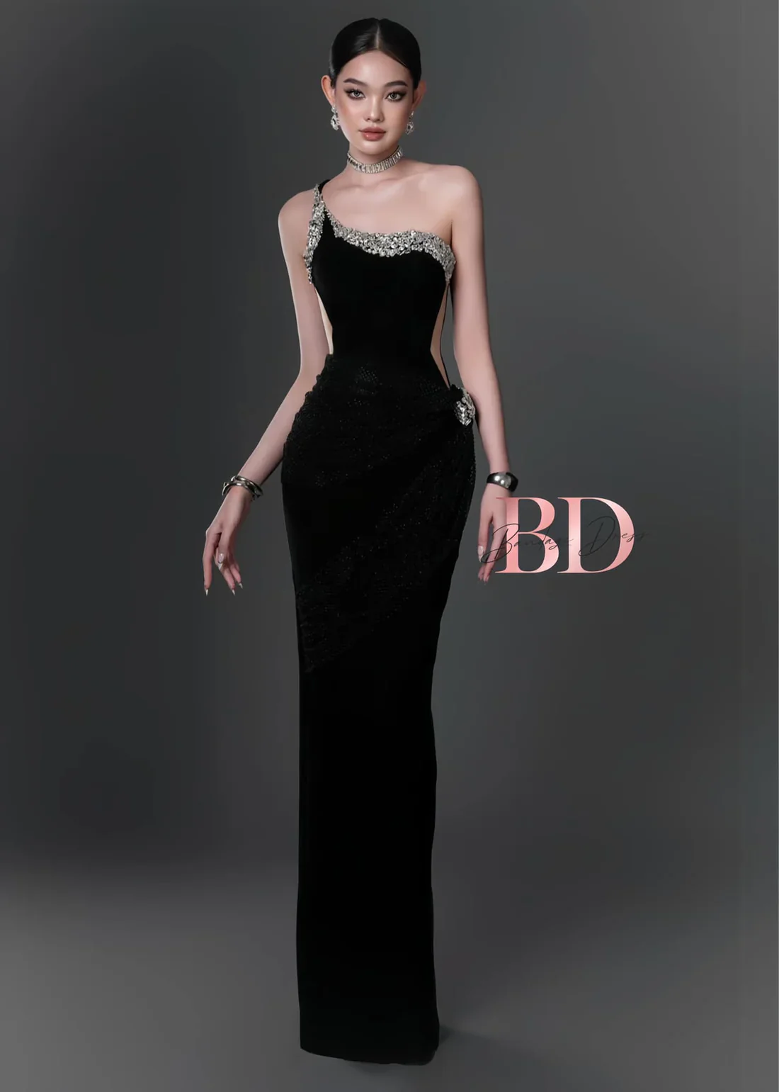 Bandage Dress [Best Seller] Black One-shoulder Diamonds Dress