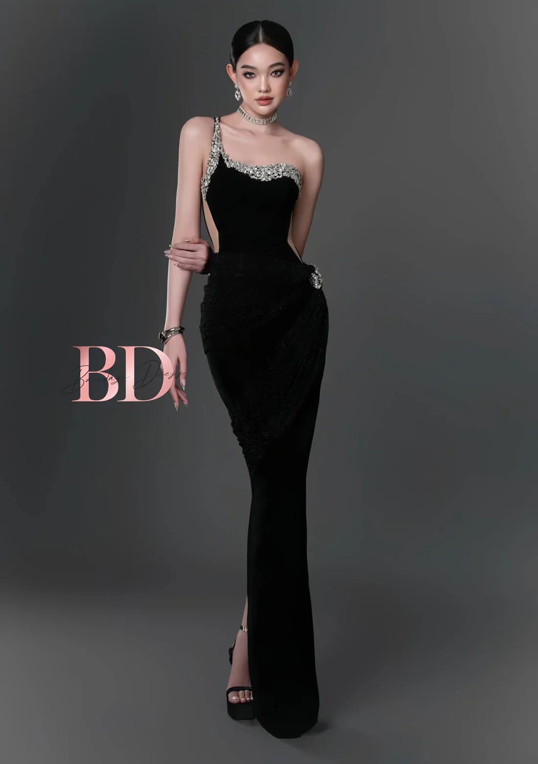 Bandage Dress [Best Seller] Black One-shoulder Diamonds Dress - Image 2