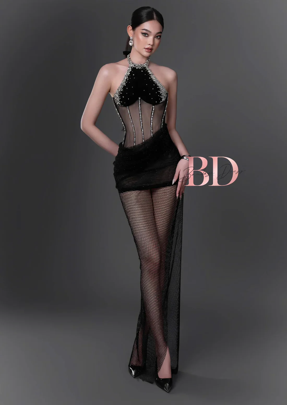 Bandage Dress Halter Neck Mesh Dress - Image 3