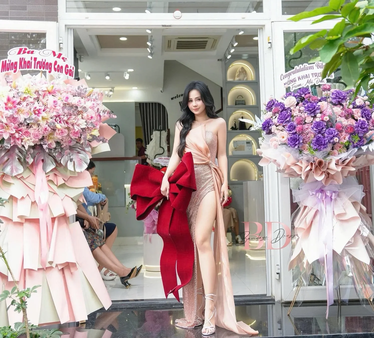 Bandage Dress Pink shining bow dress - Image 3