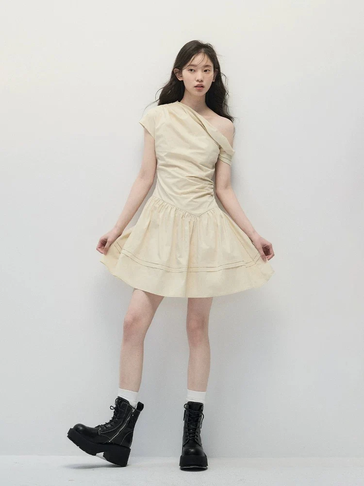 Beige Asymmetric Waist-Cinched A-Line Dress – Minimalist & Flattering - Image 2