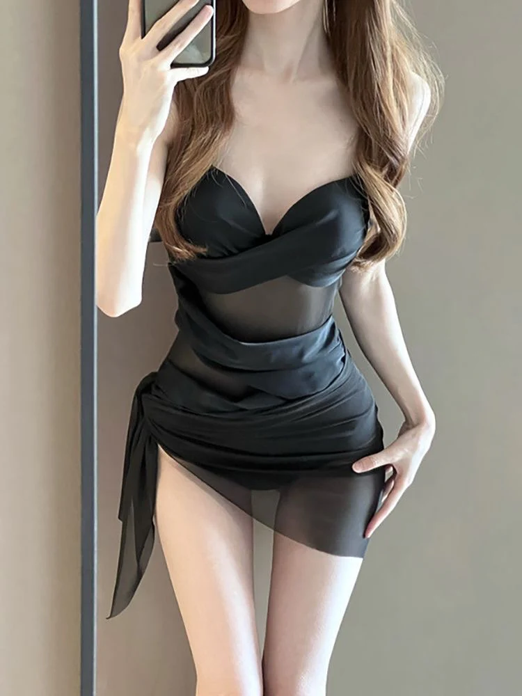 Black Luxe One-Piece Swimsuit With Skirt - Image 2