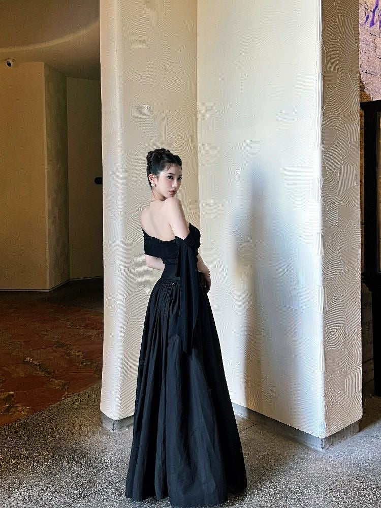 Black Off-Shoulder Maxi Dress with Ribbon Straps - Image 2