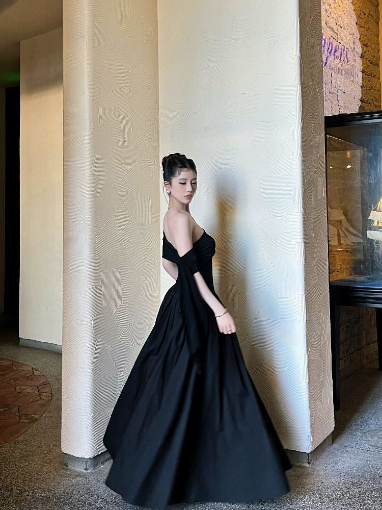 Black Off-Shoulder Maxi Dress with Ribbon Straps - Image 4