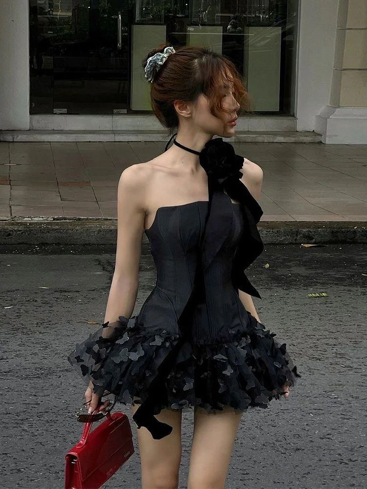 Black Rosette Strapless Ruffle Mini Dress - Image 2
