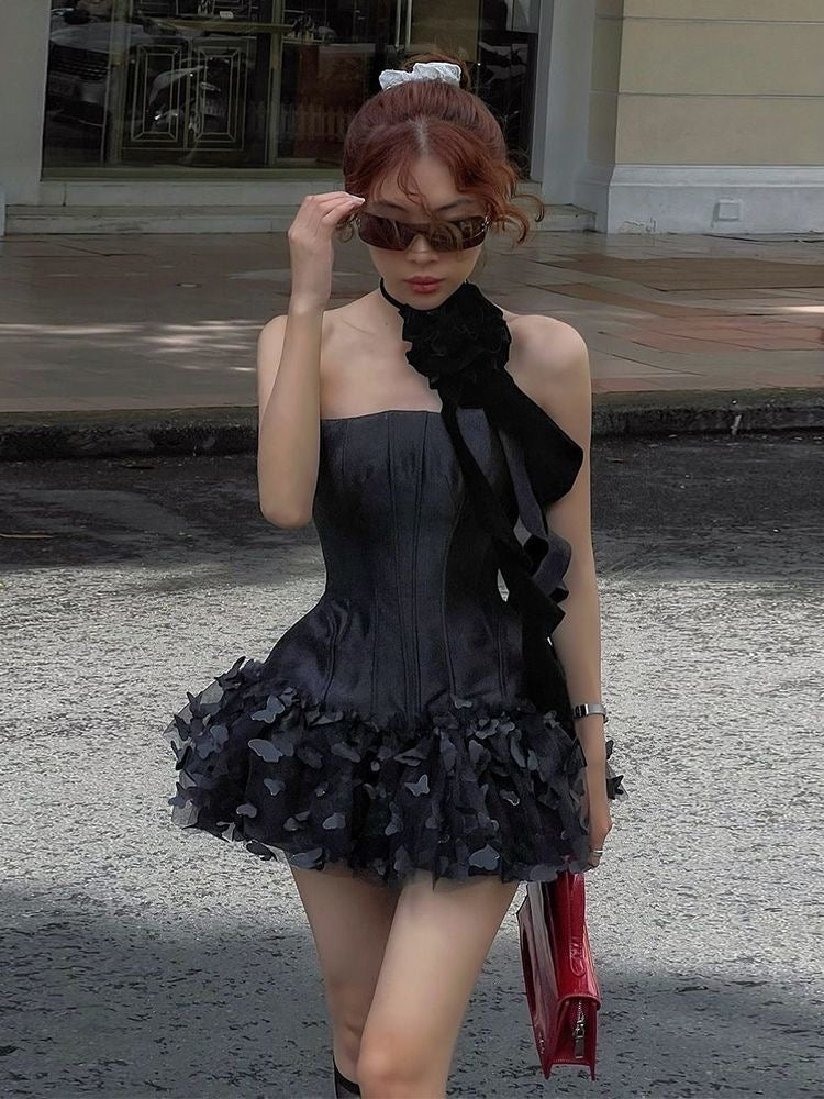 Black Rosette Strapless Ruffle Mini Dress - Image 3