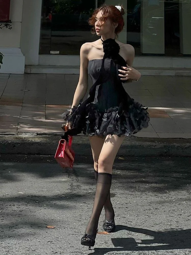 Black Rosette Strapless Ruffle Mini Dress - Image 4