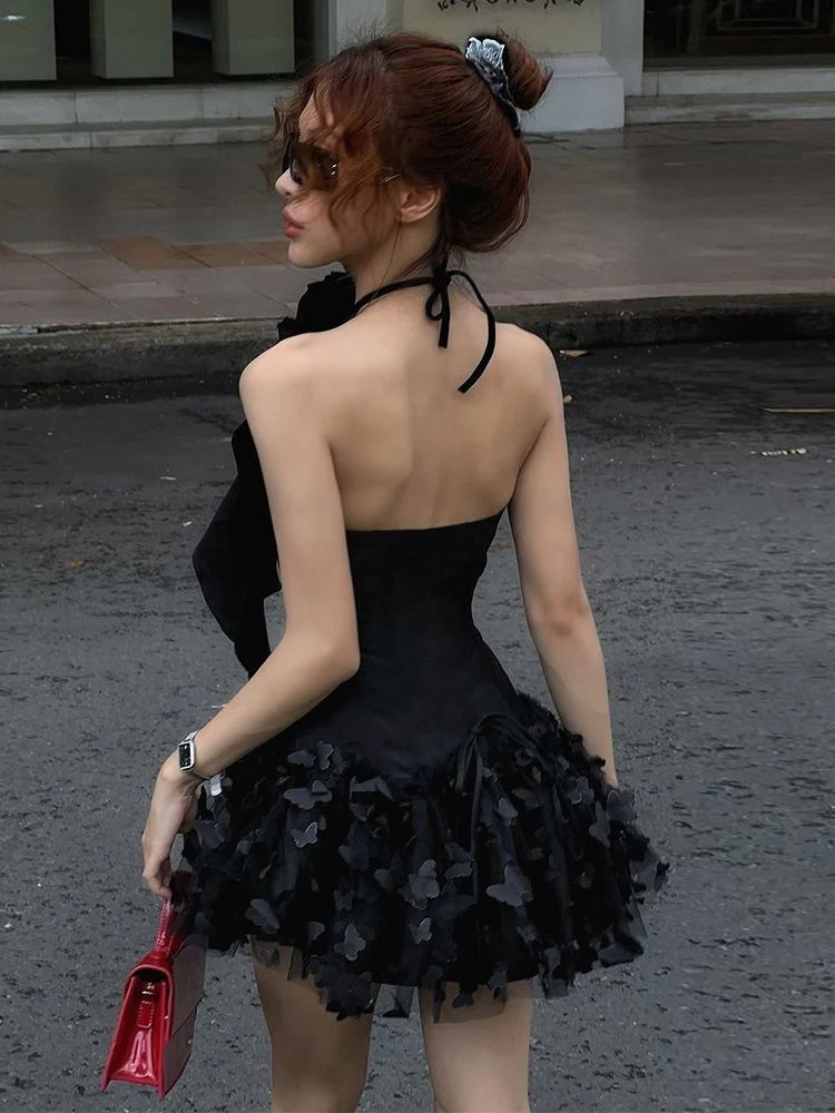 Black Rosette Strapless Ruffle Mini Dress - Image 5