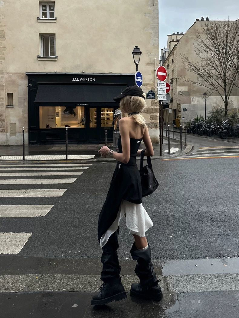 Black Strapless Asymmetrical Dress - Image 2