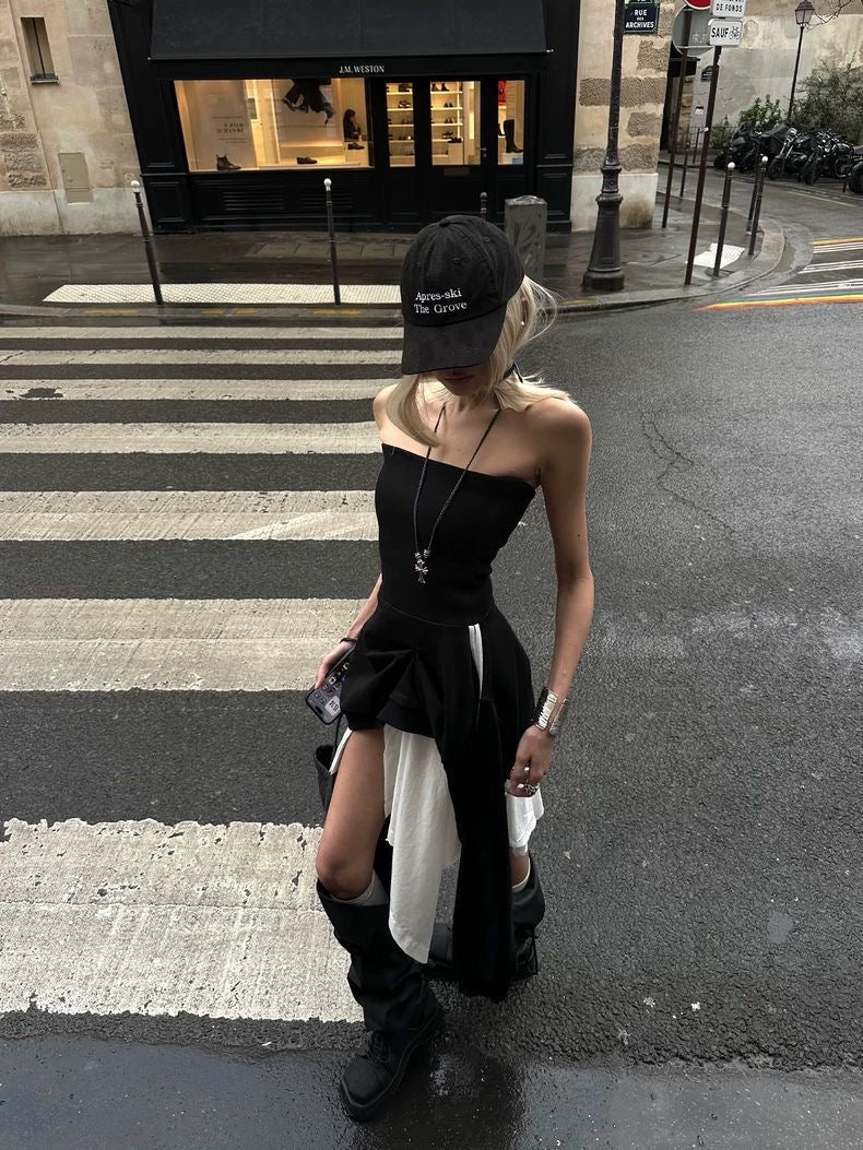 Black Strapless Asymmetrical Dress - Image 3
