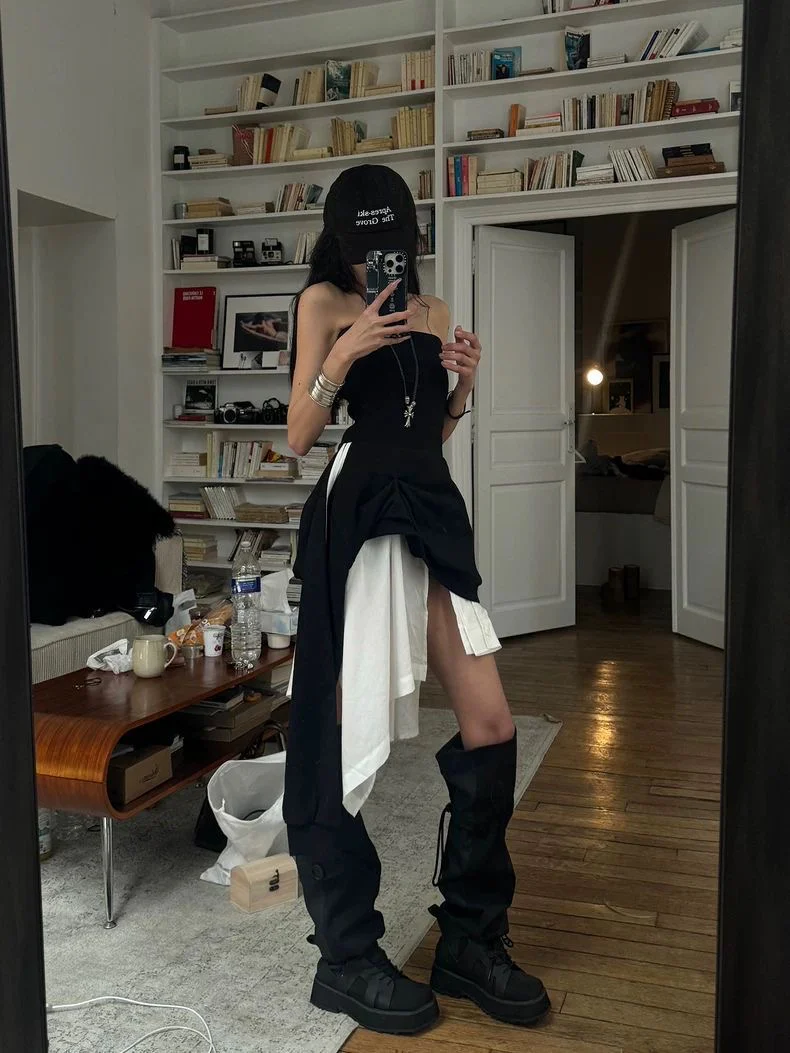 Black Strapless Asymmetrical Dress - Image 4