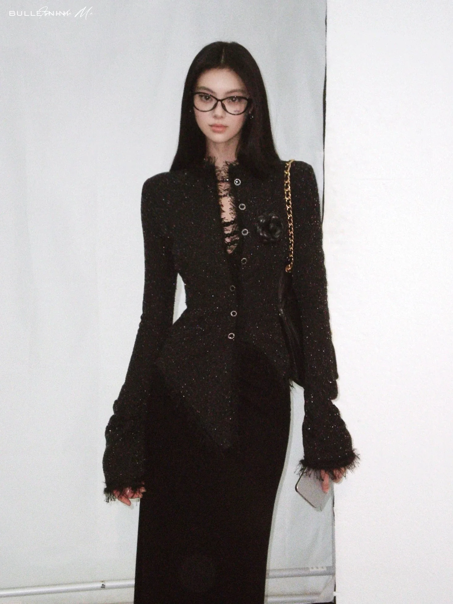 Black Tweed Stretch Waist-Defined Irregular Hem Jacket