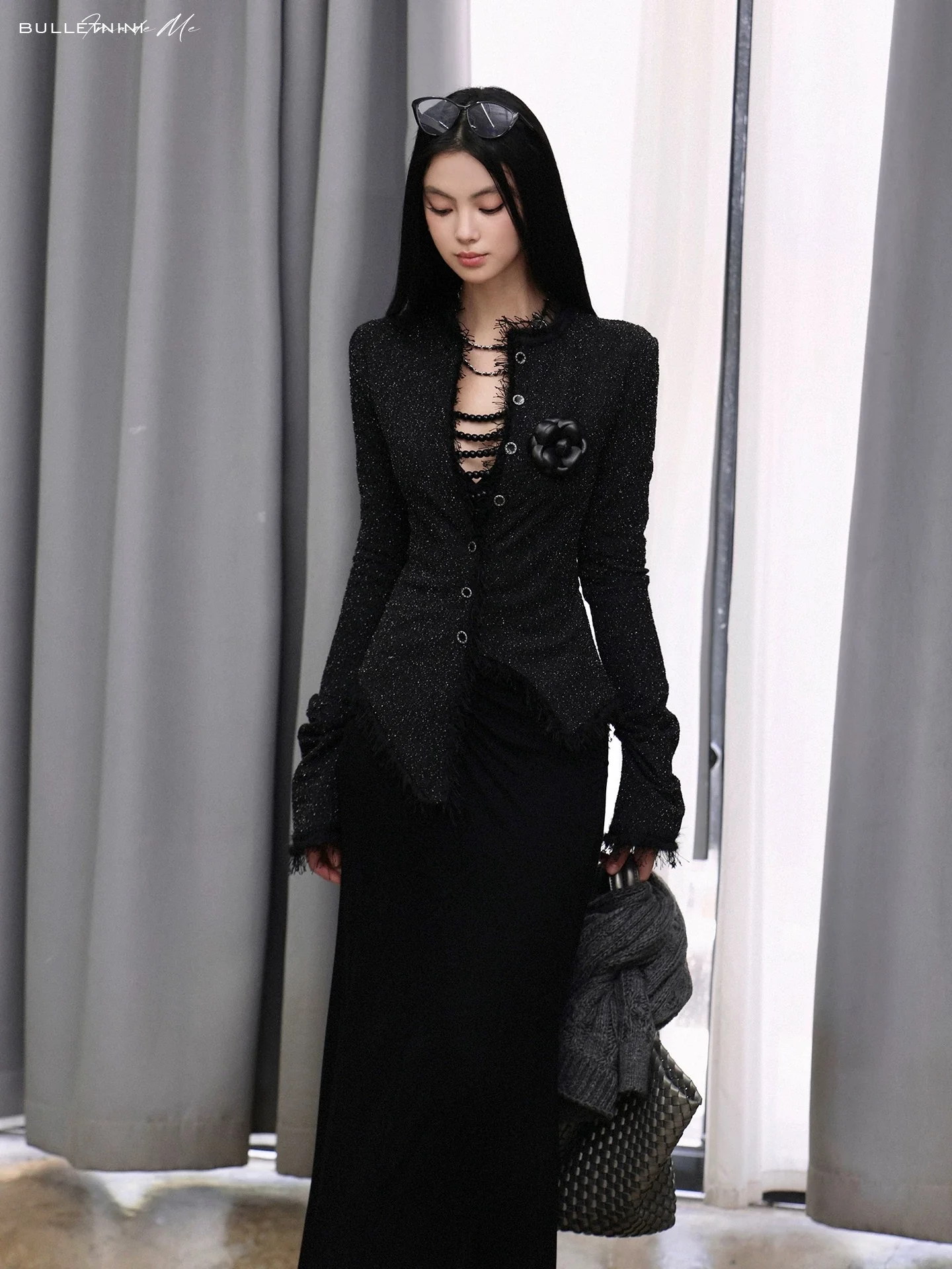 Black Tweed Stretch Waist-Defined Irregular Hem Jacket - Image 3