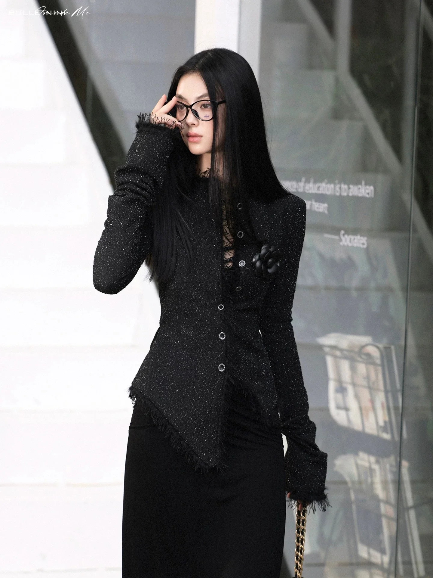 Black Tweed Stretch Waist-Defined Irregular Hem Jacket - Image 4