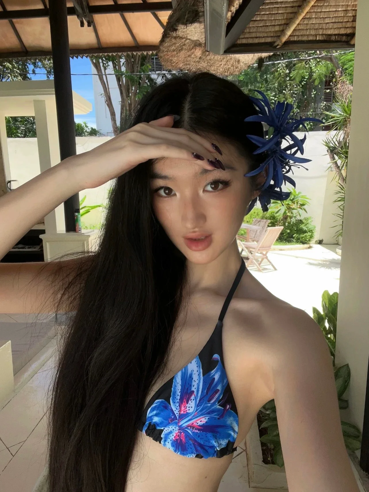 Blue Floral Halter Bikini & Mesh Cover-Up Set – 3 Piece Sexy Resort Outfit - Image 2