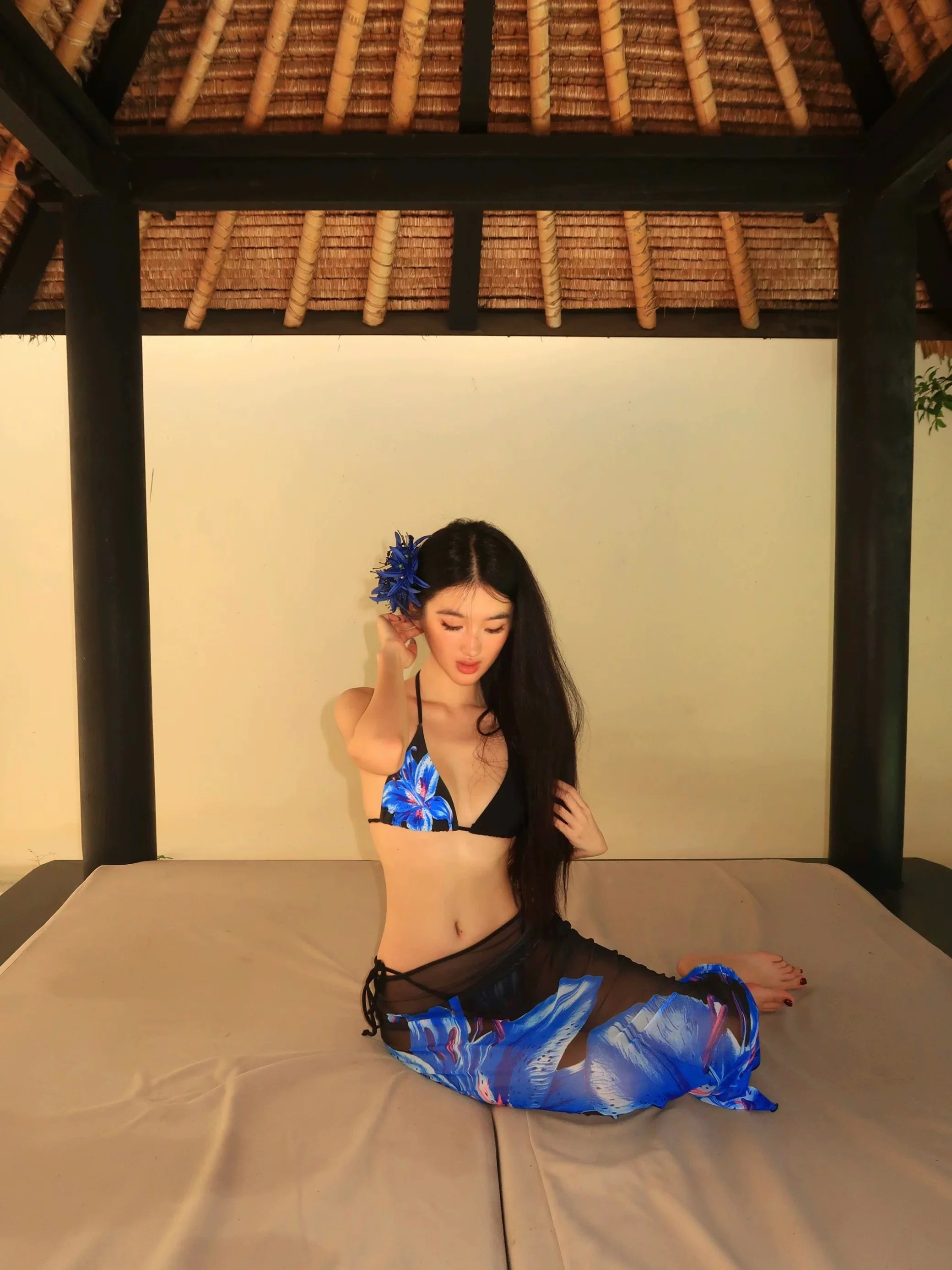 Blue Floral Halter Bikini & Mesh Cover-Up Set – 3 Piece Sexy Resort Outfit - Image 3