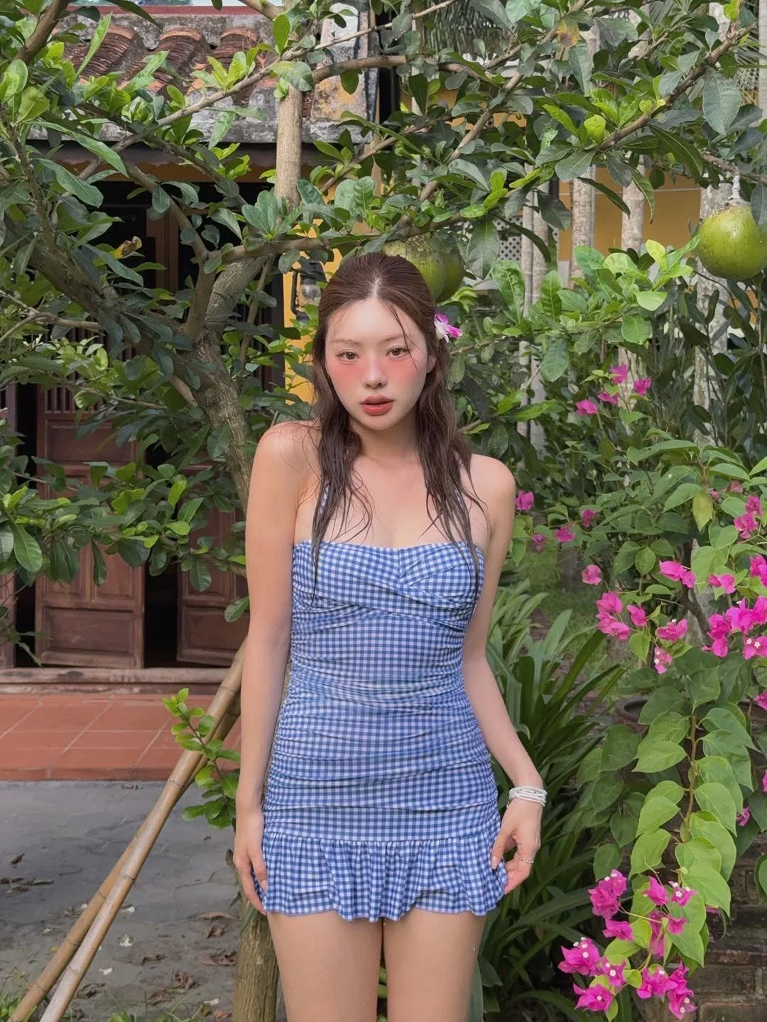 Blue Gingham Ruffle One-Piece Dress - Image 7