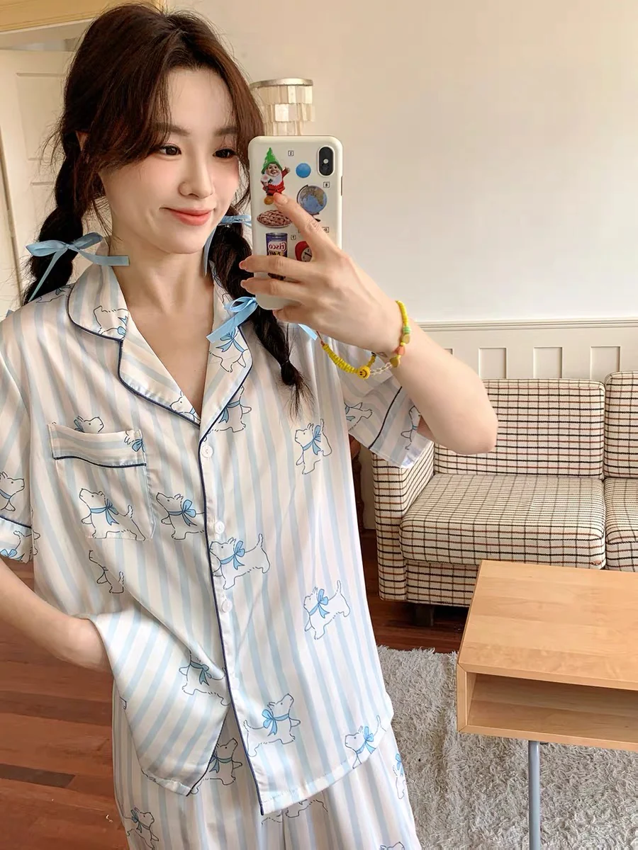 Minimalist Blue Line Art Dog Print Pajama Set - Pastel Scandi Aesthetic Short Sleeve Lounge Set