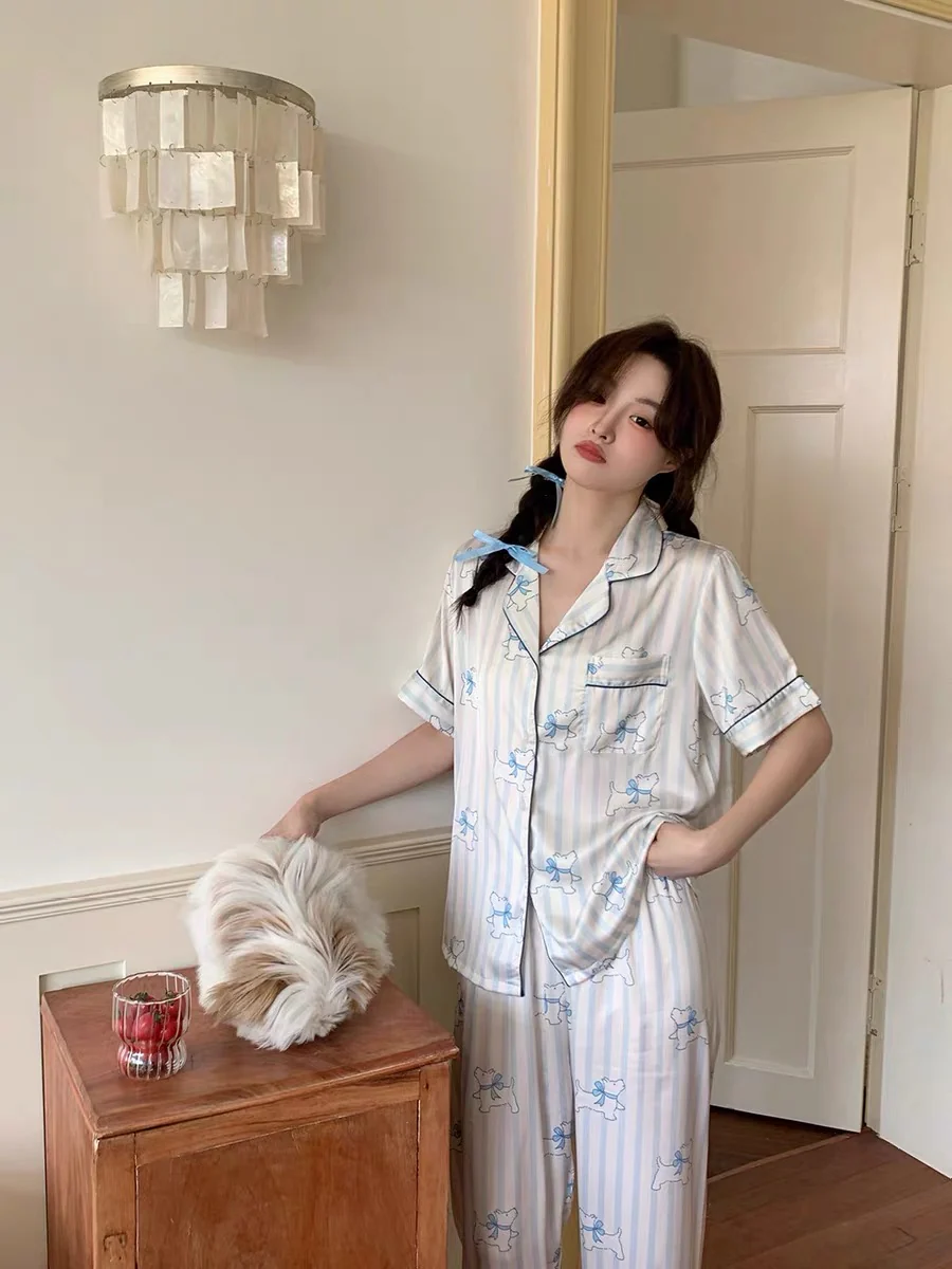 Minimalist Blue Line Art Dog Print Pajama Set - Pastel Scandi Aesthetic Short Sleeve Lounge Set - Image 6