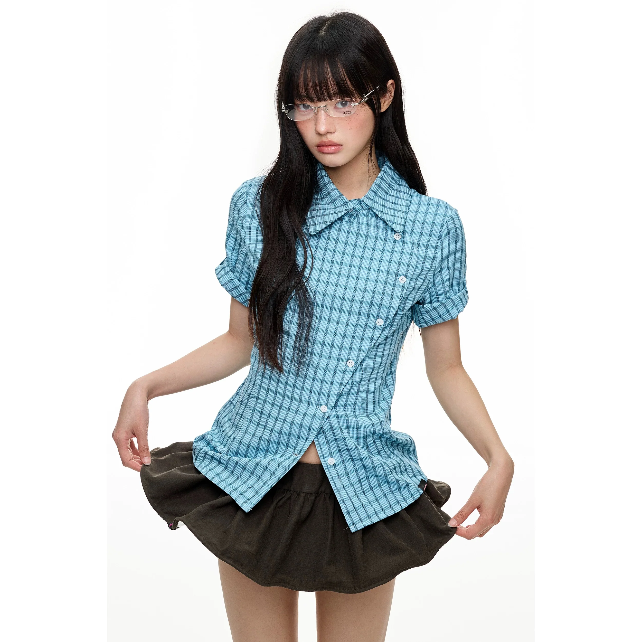 Blue Plaid Slim-Fit Short Sleeve Shirt – Colorblock Checkered Design - Image 2