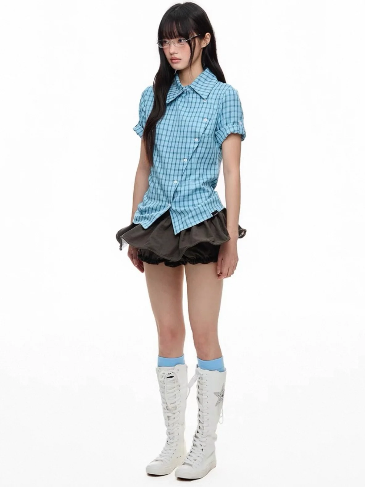 Blue Plaid Slim-Fit Short Sleeve Shirt – Colorblock Checkered Design - Image 3