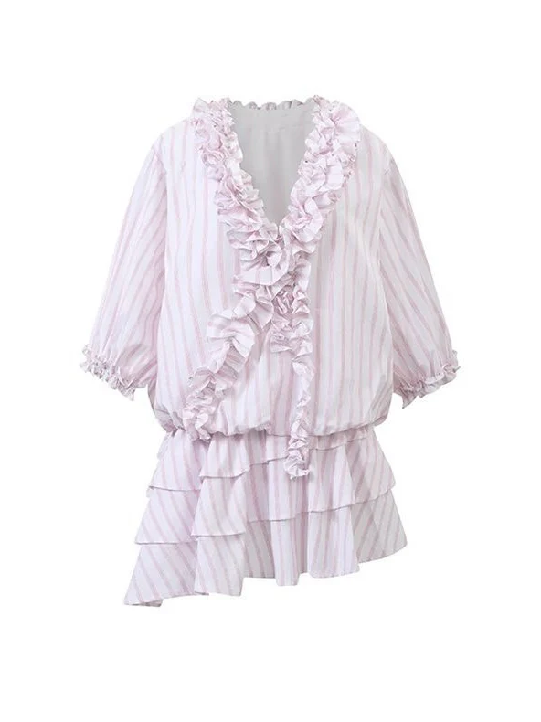 Blush Breeze – Lace Stripe Shirt Dress - Image 5