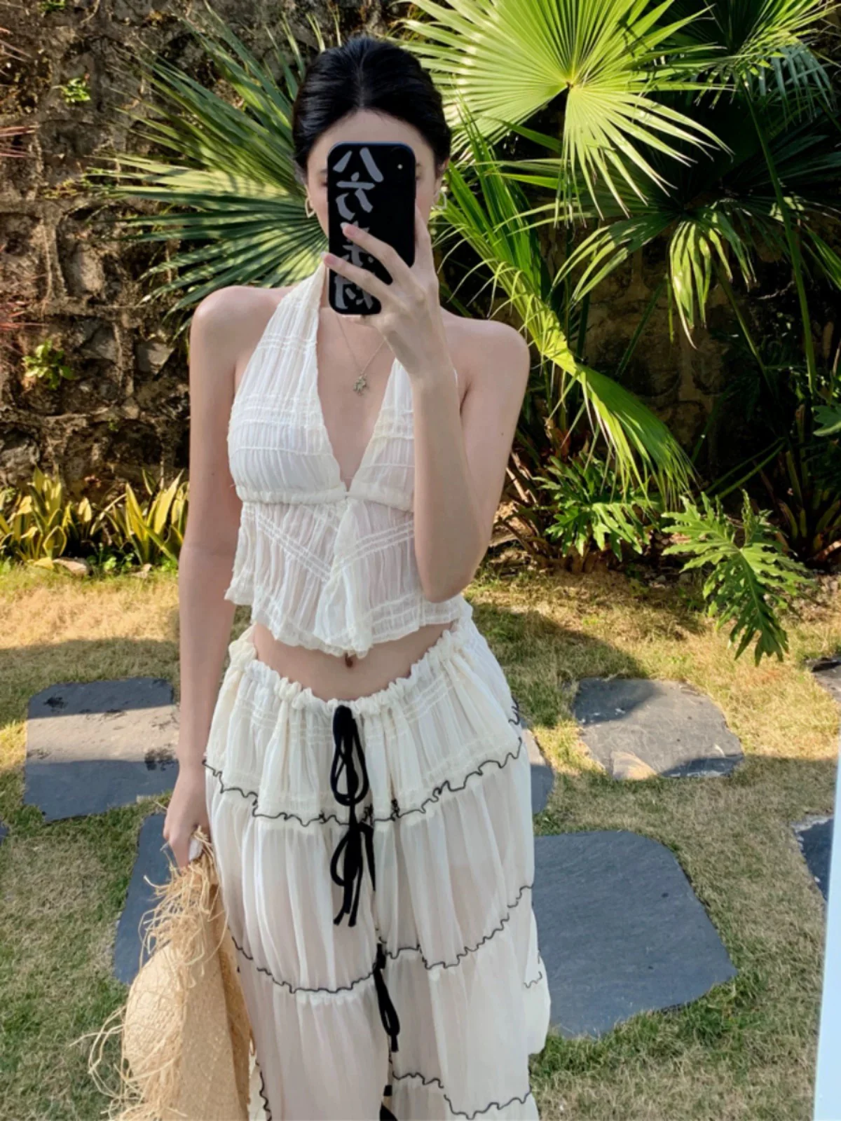 Boho Deep V Bikini & Long Cover-Up Set – 3 Piece Backless Island Vacation Look - Image 3