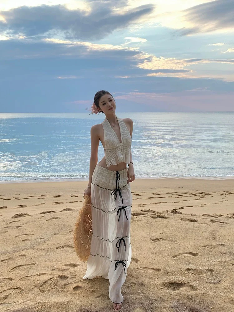 Boho Deep V Bikini & Long Cover-Up Set – 3 Piece Backless Island Vacation Look - Image 4