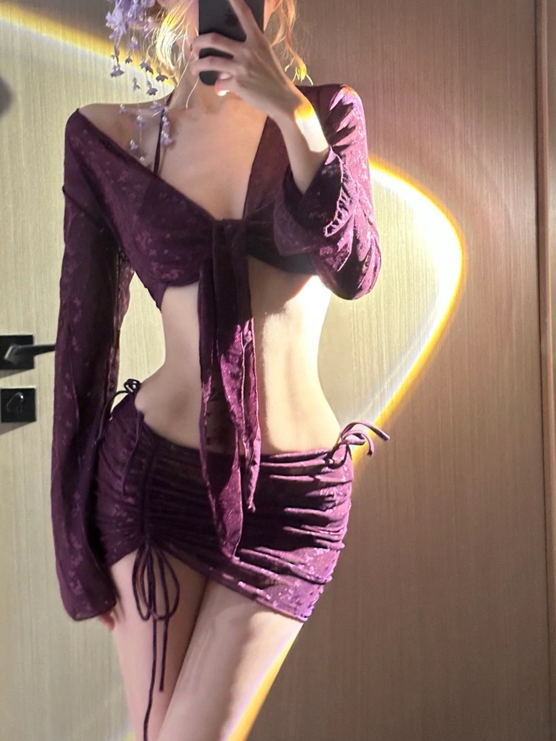 Bordeaux Lace 3-Piece Bikini Set with Sheer Tie Cover & Ruched Skirt