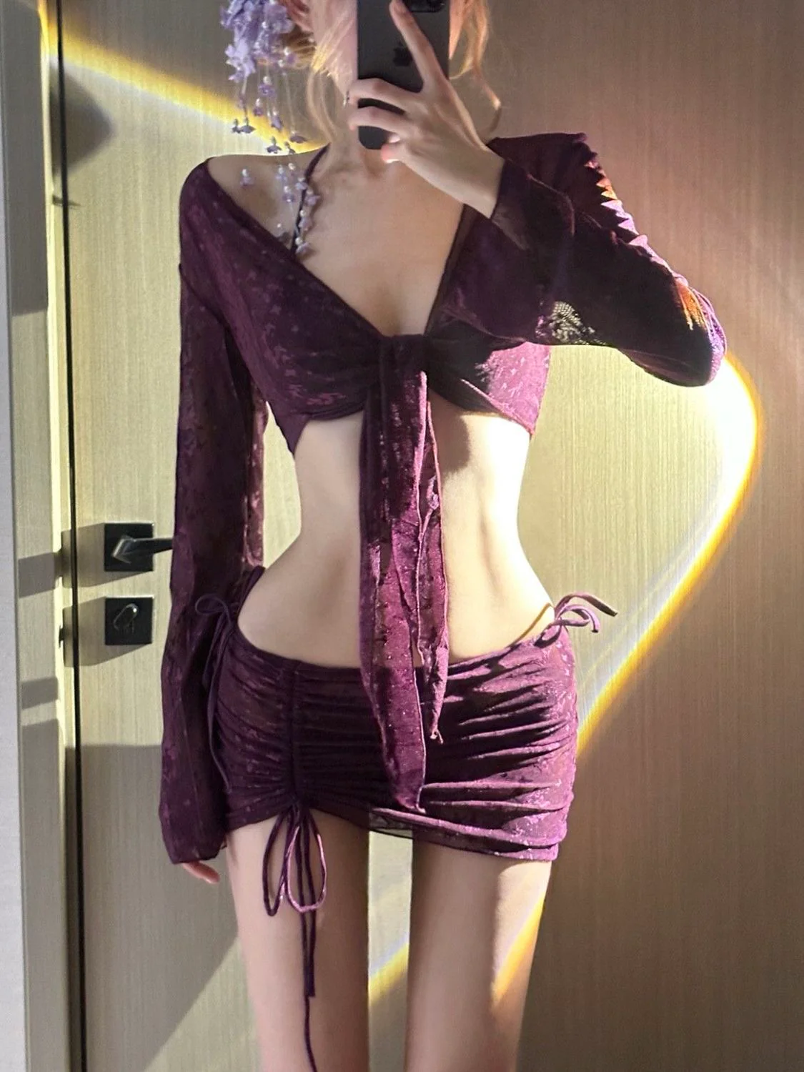 Bordeaux Lace 3-Piece Bikini Set with Sheer Tie Cover & Ruched Skirt - Image 2