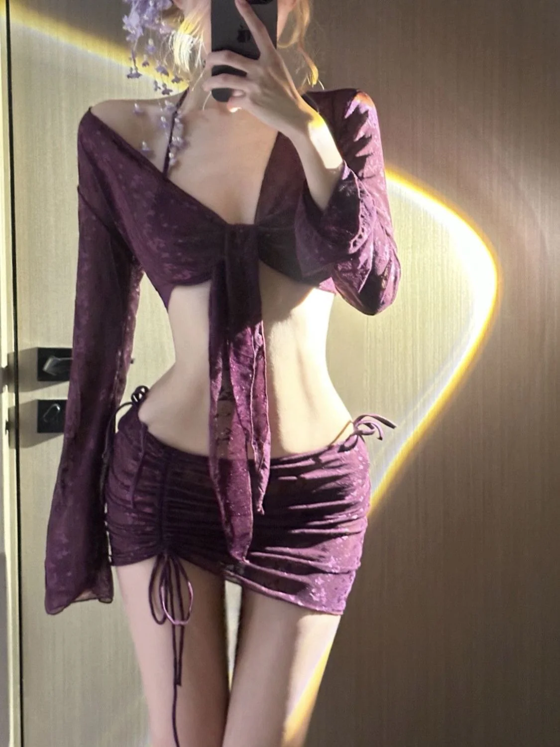 Bordeaux Lace 3-Piece Bikini Set with Sheer Tie Cover & Ruched Skirt - Image 3