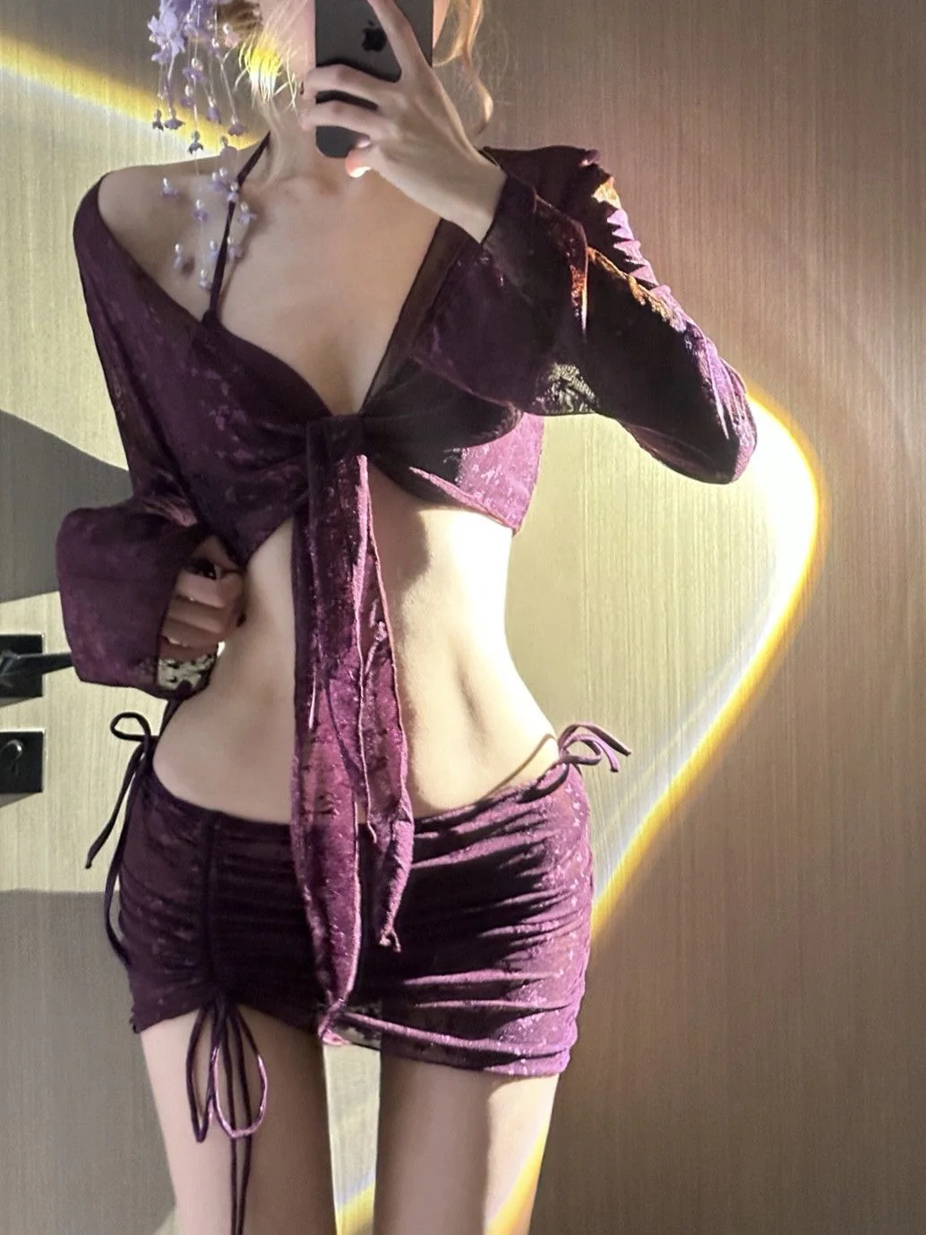 Bordeaux Lace 3-Piece Bikini Set with Sheer Tie Cover & Ruched Skirt - Image 4