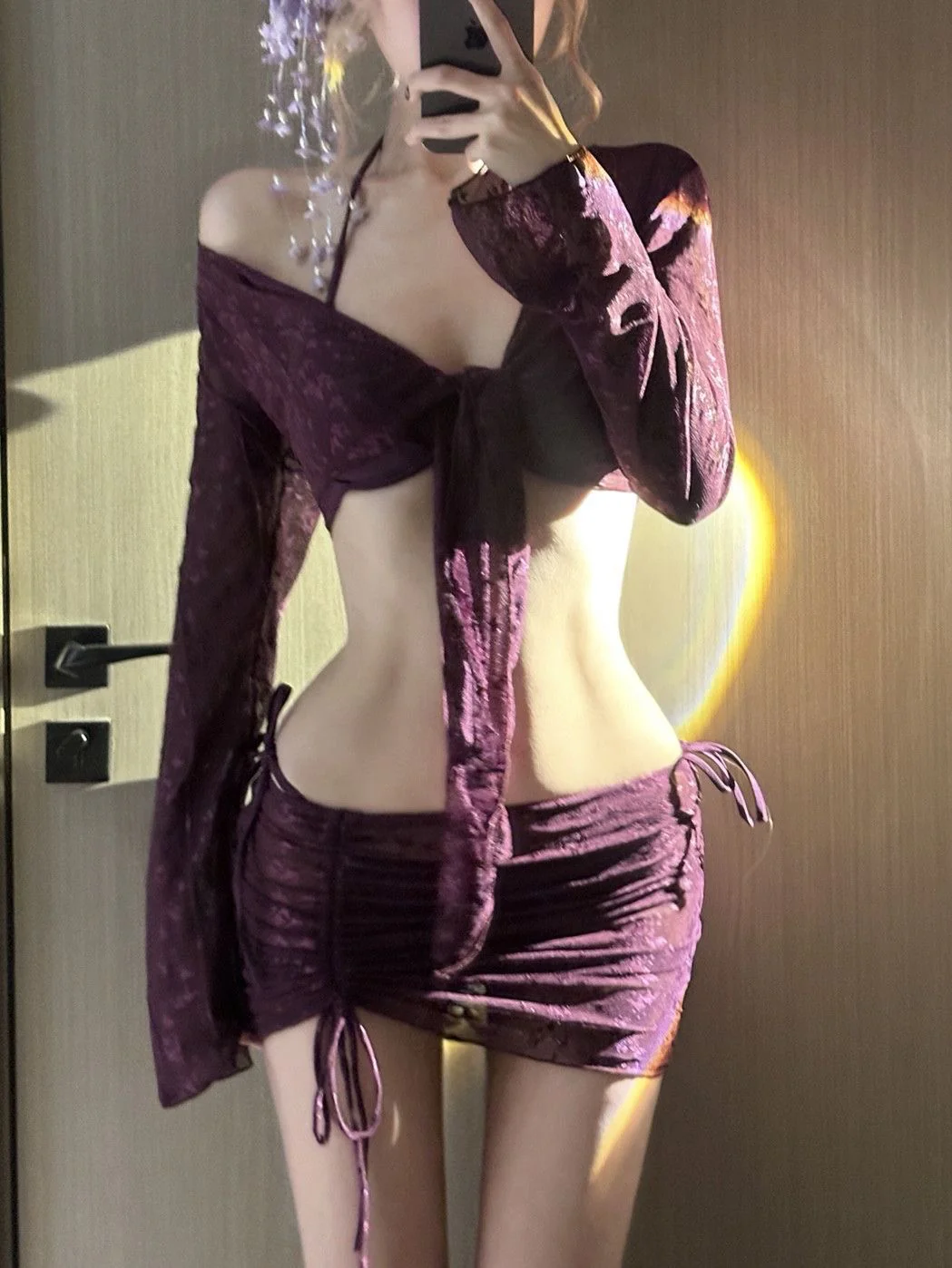 Bordeaux Lace 3-Piece Bikini Set with Sheer Tie Cover & Ruched Skirt - Image 5