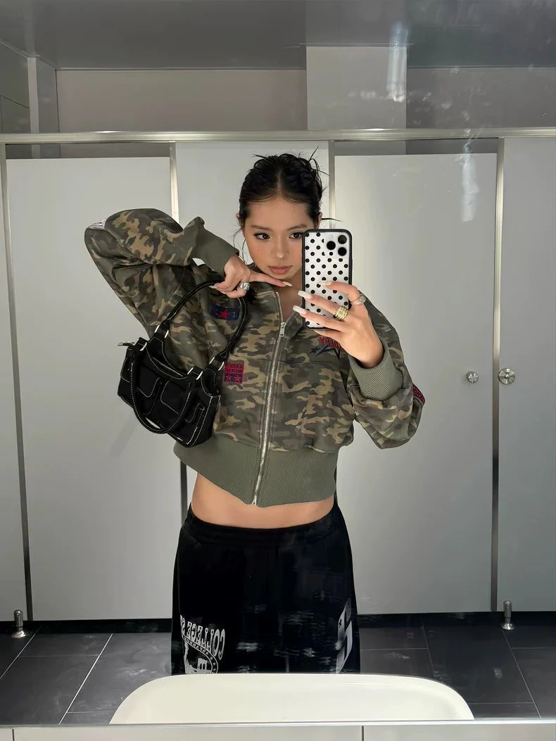 Camo Cropped Bomber Zip Jacket - Image 3