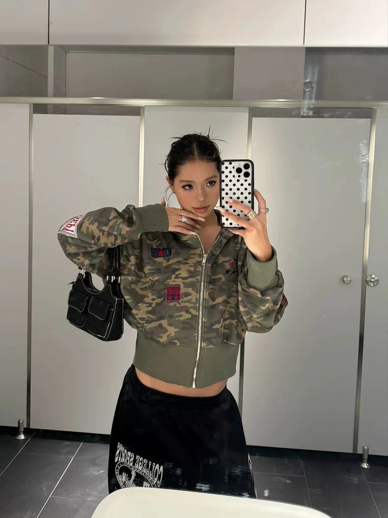 Camo Cropped Bomber Zip Jacket - Image 5