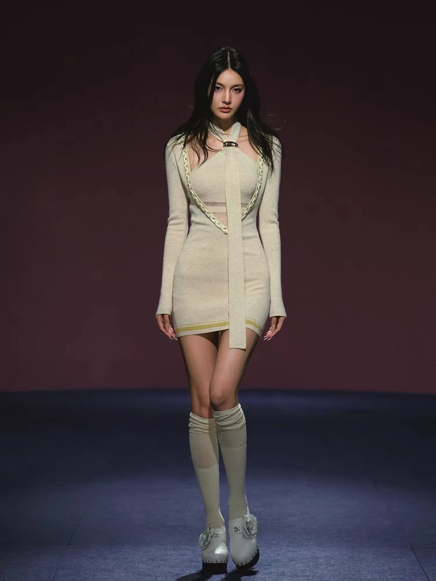 Champagne Woven Layered Two-Piece Dress with Sheer V-Neck Tie Detail