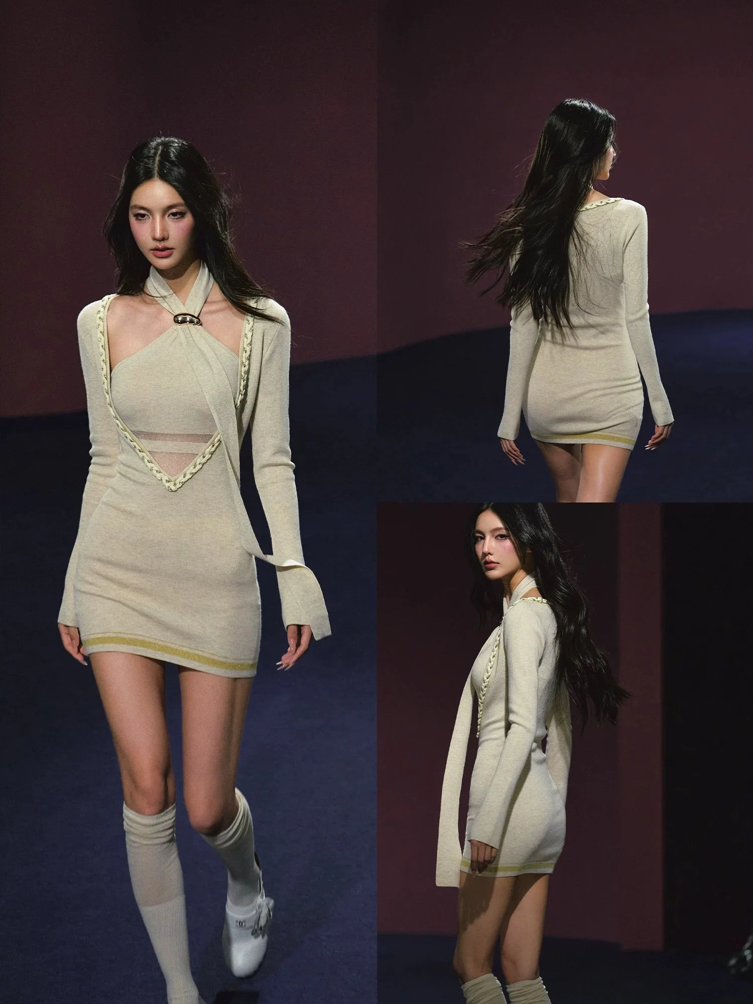 Champagne Woven Layered Two-Piece Dress with Sheer V-Neck Tie Detail - Image 3