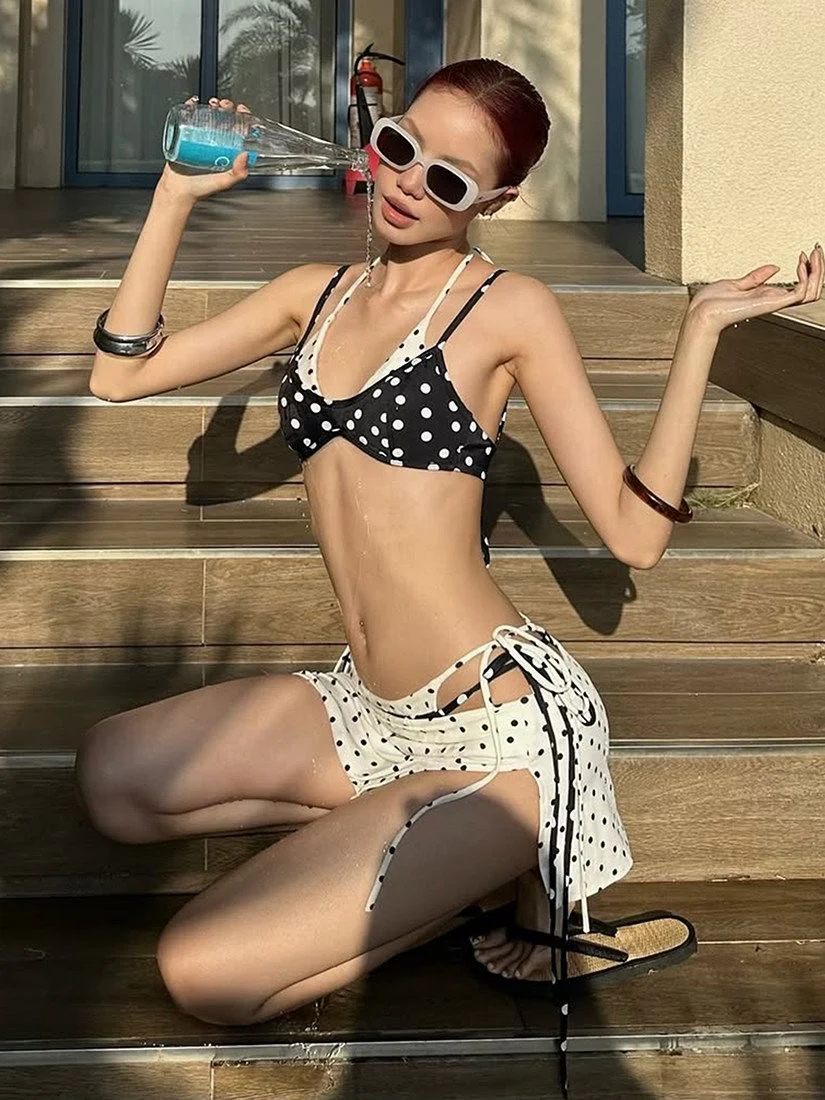 Classic Polka Dot Bikini Set with Tie Side Skirt Overlay - Image 2