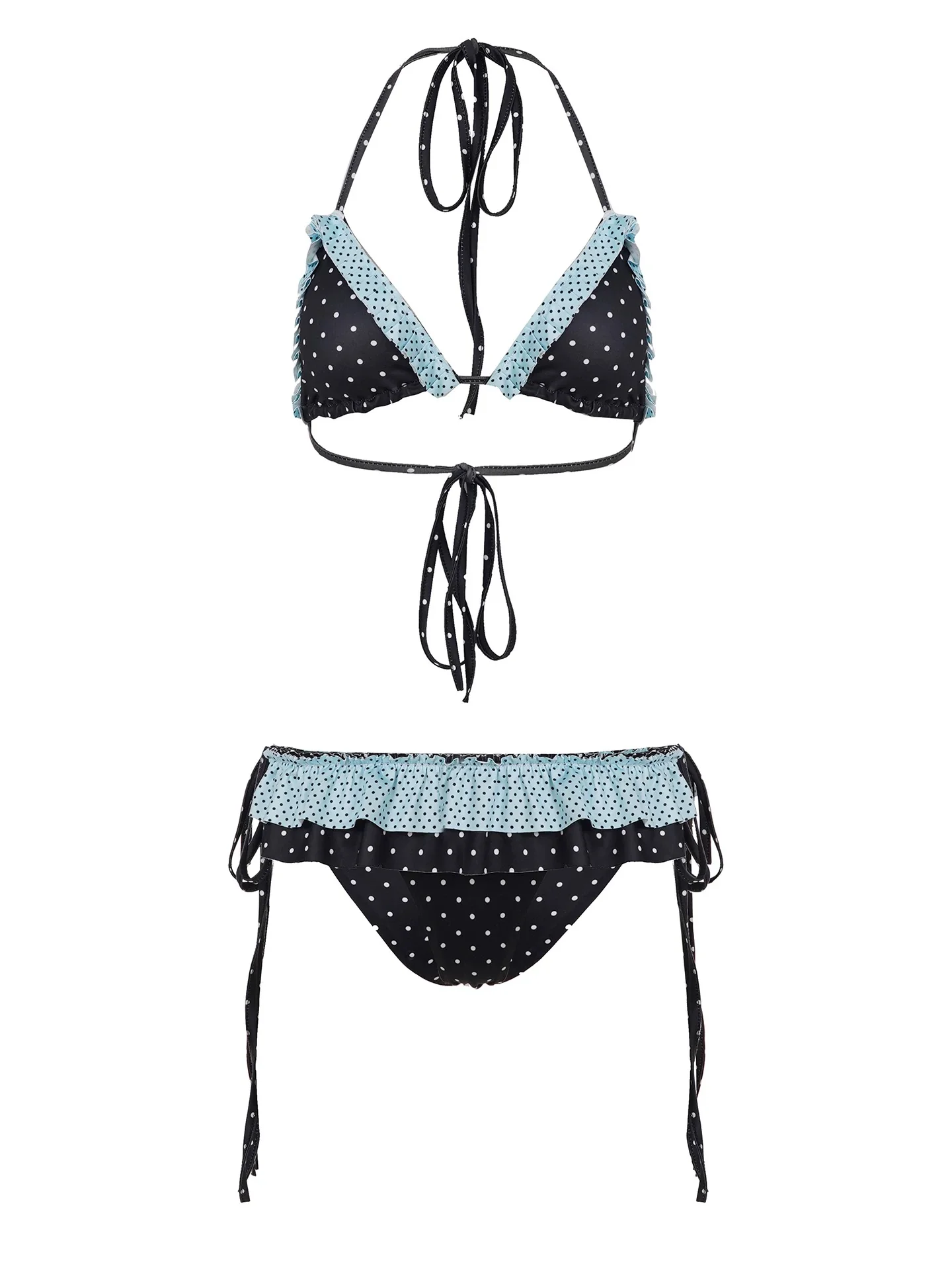 Colorblock Polka Dot Ruffle Halter Bikini – Cute Girl Vacation Swimwear - Image 4