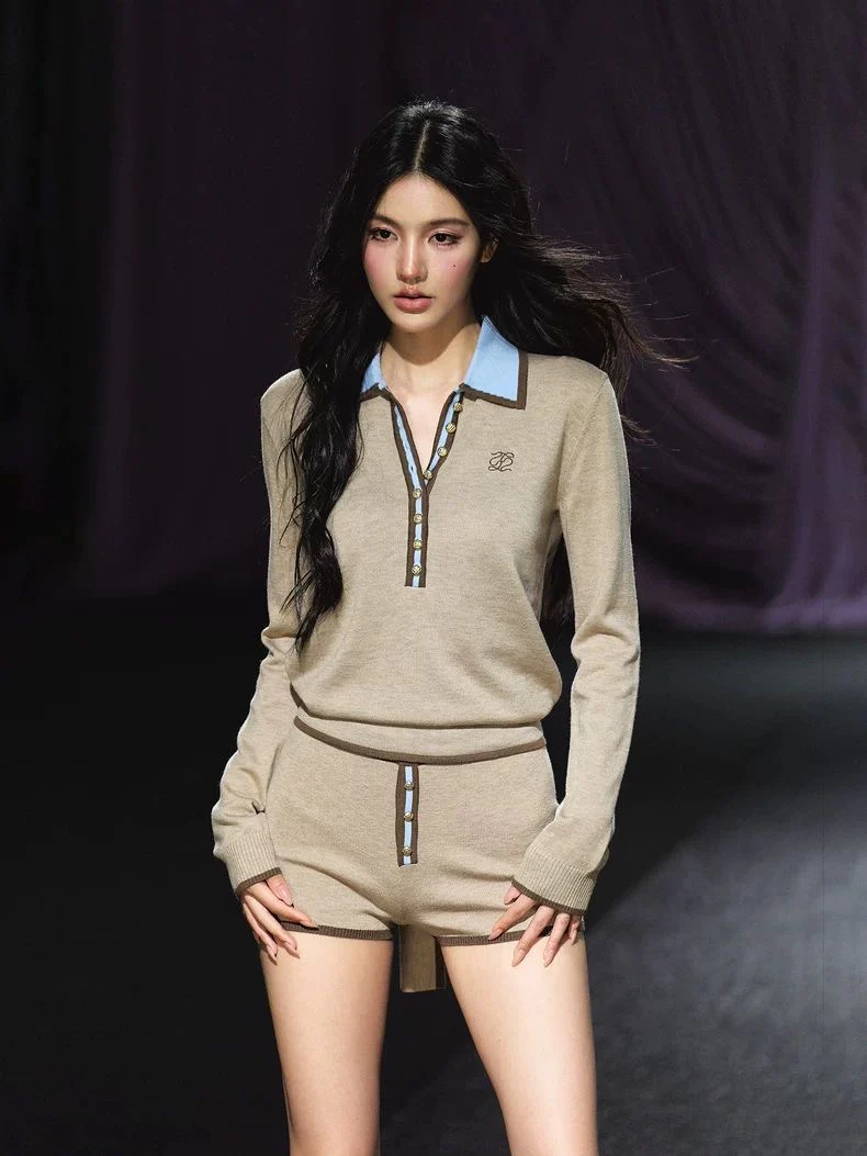 Contrast Trim Polo Ribbon Knit Top & Heart Shorts Set – Beige Coffee