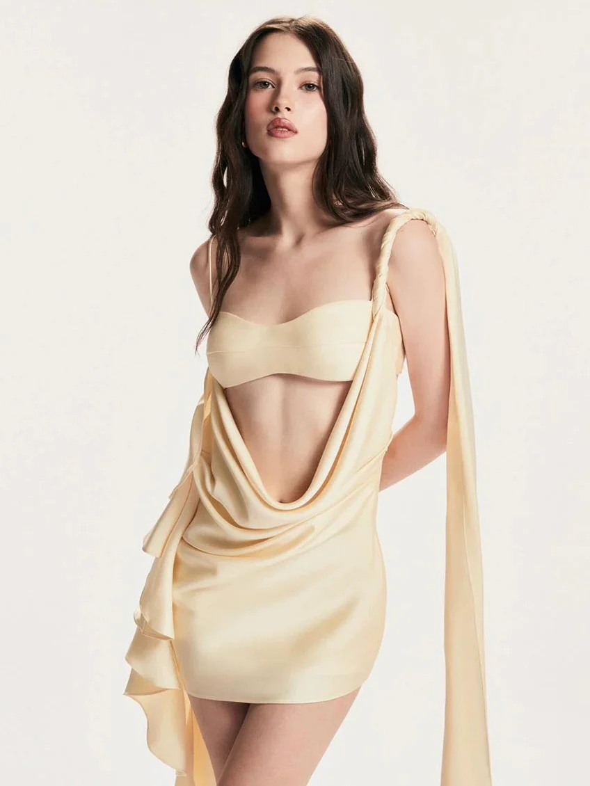 Cowl Neck Cutout Satin Slip Dress – Champagne Color - Image 2