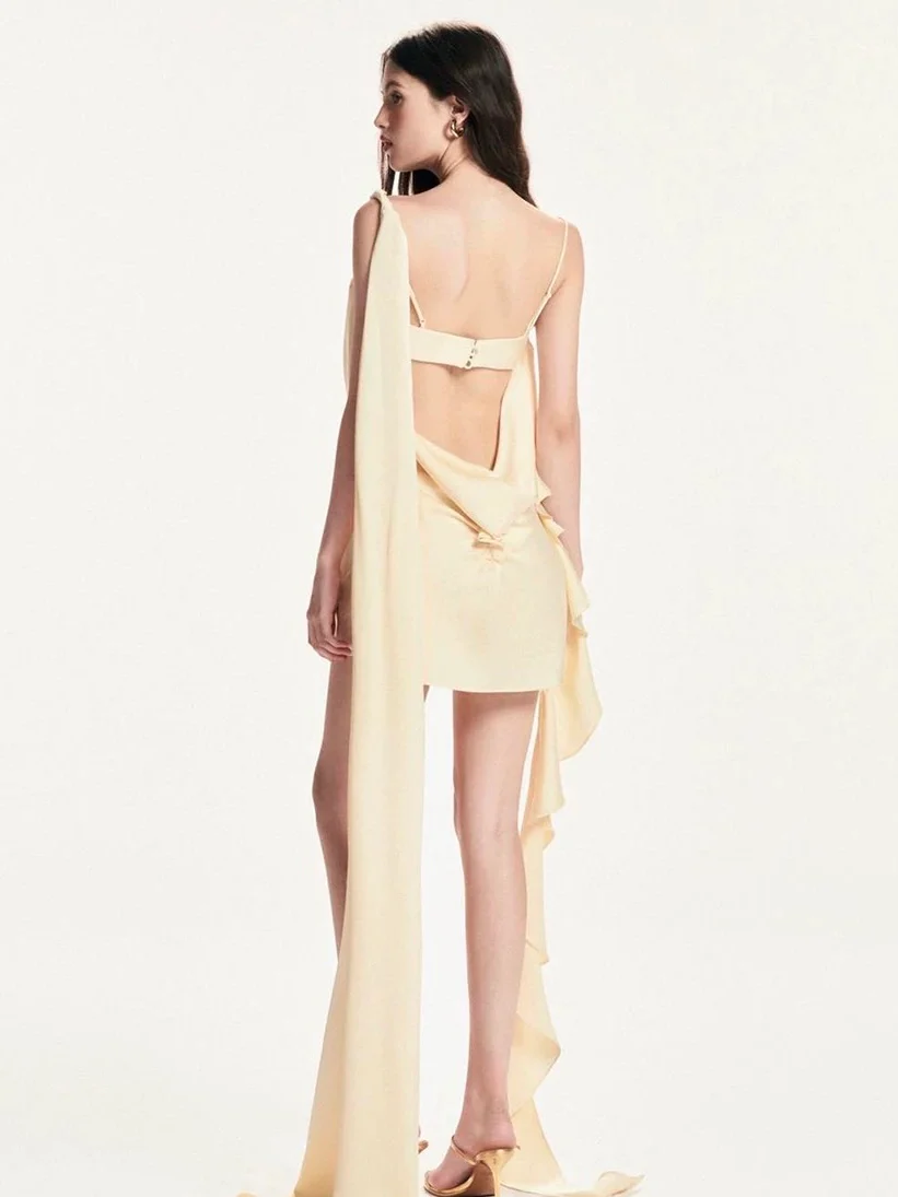 Cowl Neck Cutout Satin Slip Dress – Champagne Color - Image 3