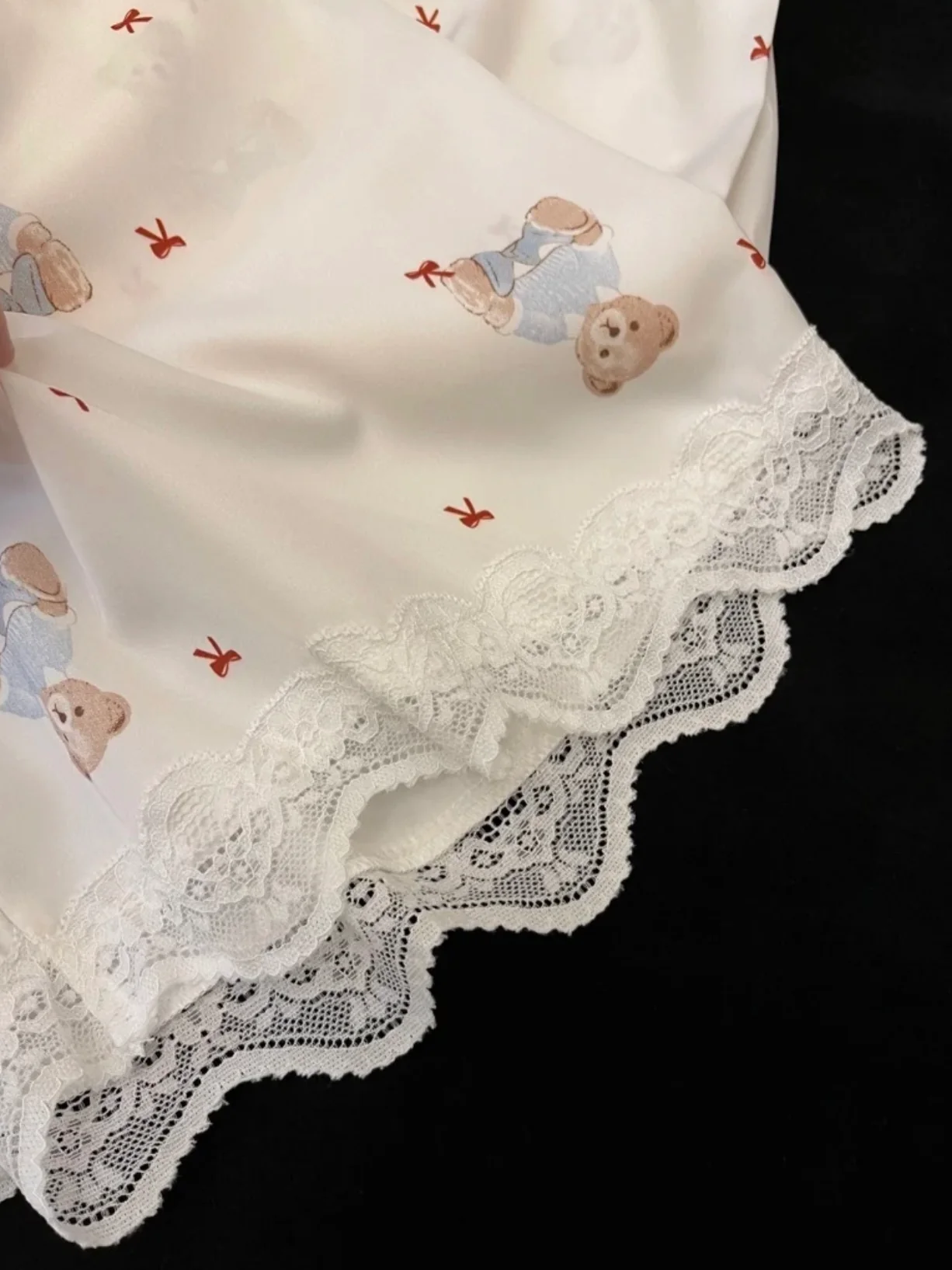 Vintage Teddy Bear Satin Pajama Set - Pastel Coquette Lace Trim Luxury Lounge Set - Image 3