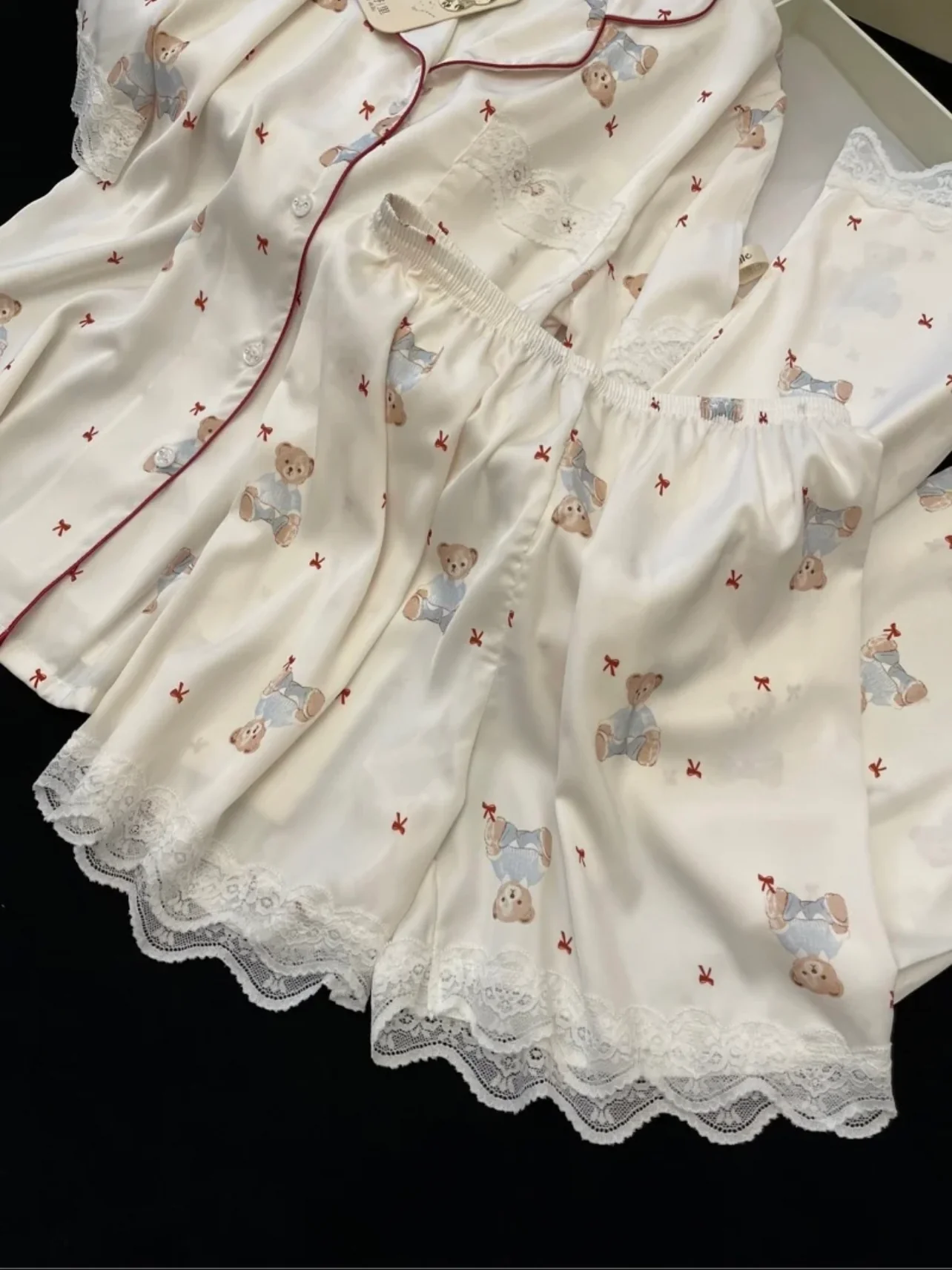 Vintage Teddy Bear Satin Pajama Set - Pastel Coquette Lace Trim Luxury Lounge Set - Image 4
