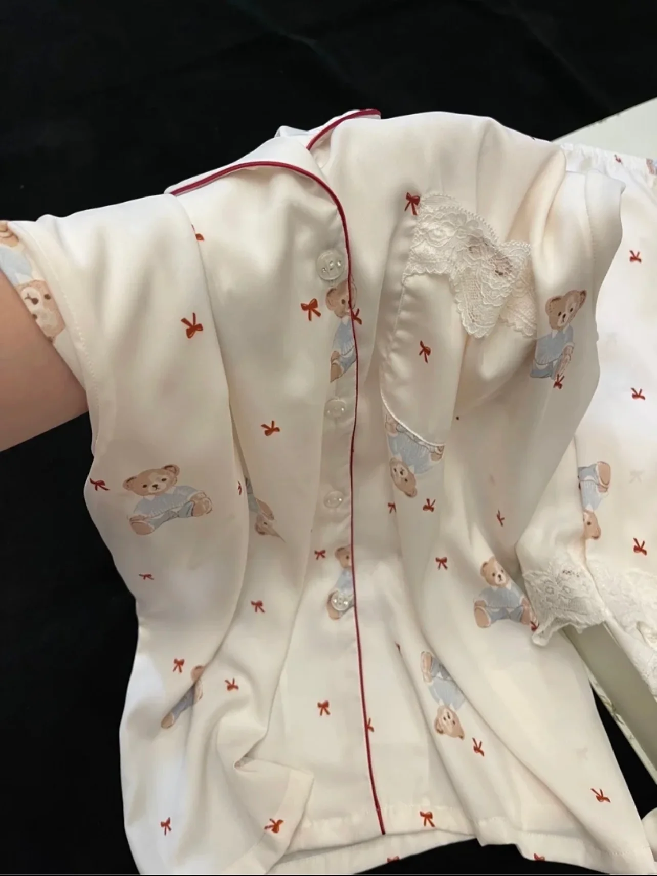 Vintage Teddy Bear Satin Pajama Set - Pastel Coquette Lace Trim Luxury Lounge Set - Image 5